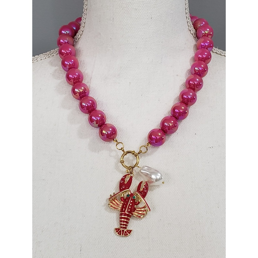Mayamar Pink Bead Necklace Lobster Charm Pendant Pearl Sea Life Statement Ocean